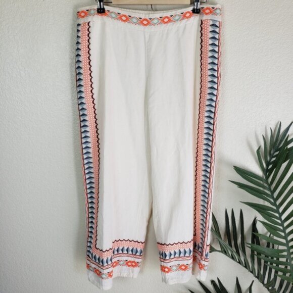 Anthropologie Islander Embroidered Wide Leg Crop Ankle Pants sz 12 Cotton/Linen - Picture 3 of 12